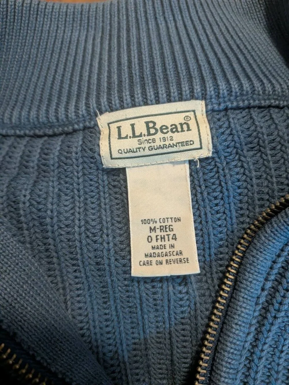 LL Bean Sweater Mens Medium Blue Teal Full Zip Long Sleeve Ribbed Knit Sweater